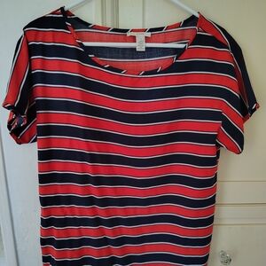 J. Crew Red and Navy Blue Striped Short Sleeve Silk Tee